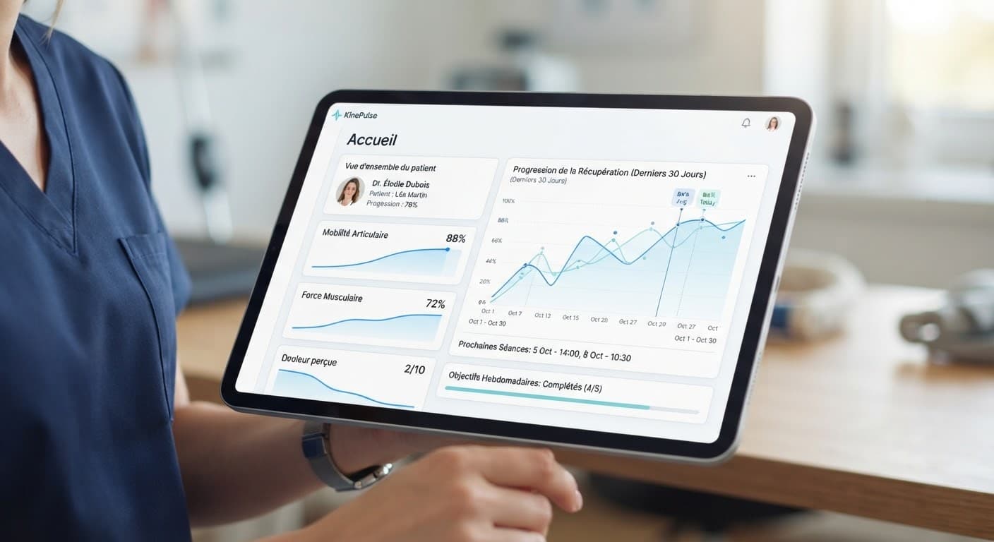 Modern medical dashboard on a tablet showing patient recovery metrics